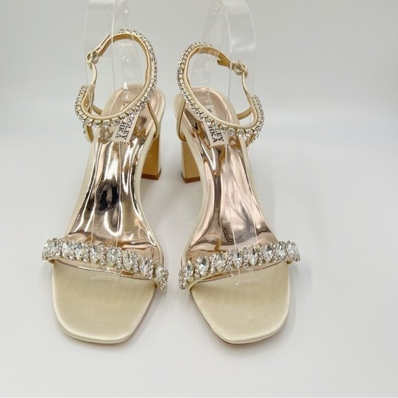 Badgley Mischka Size 8.5 Ivory Satin Jeweled‎ Open Toe Dress Sandals Heels Shoes - Picture 3 of 15
